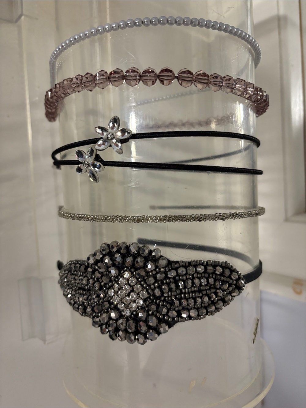 Women's set of 5 Black Beaded, crystals, Multi-Row Headbands